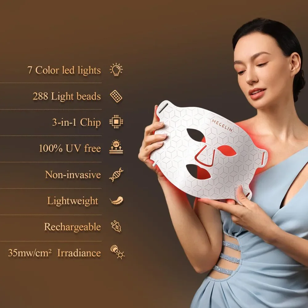 MEGELIN 7 Colors Led Light Therapy Facial Mask, Reduce Wrinkles, Infrared Light